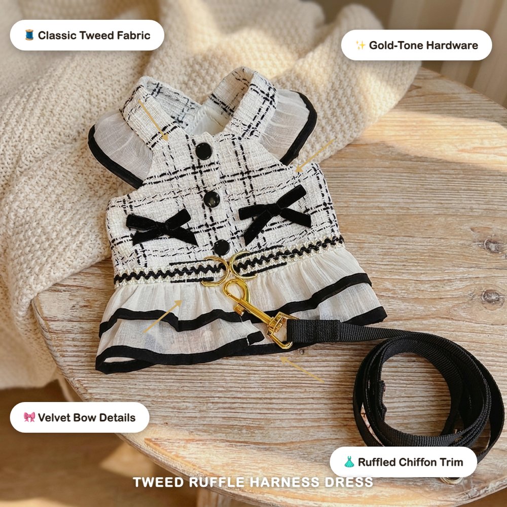 Tweed Ruffle Harness Dress with Leash & Collar Set