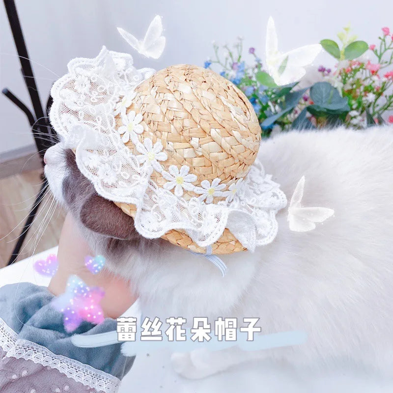 Spring and Summer Lace Flower Hat Cat Dog Sun Shade Straw Hat Pet Clothes Puppy Accessories Small Dog Hat Hats For Dogs Cats