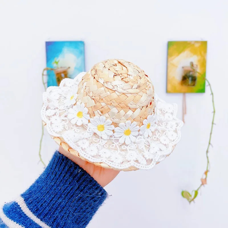 Spring and Summer Lace Flower Hat Cat Dog Sun Shade Straw Hat Pet Clothes Puppy Accessories Small Dog Hat Hats For Dogs Cats