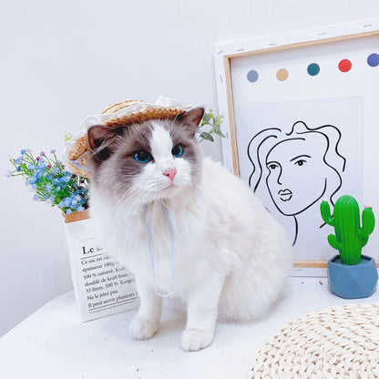 Spring and Summer Lace Flower Hat Cat Dog Sun Shade Straw Hat Pet Clothes Puppy Accessories Small Dog Hat Hats For Dogs Cats