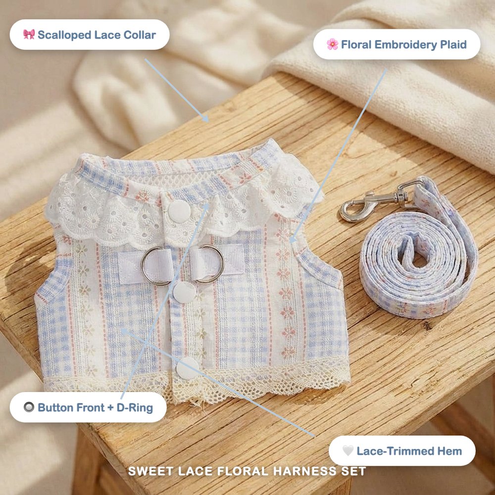 Sweet Lace Floral Plaid Harness & Leash Set