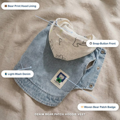 Denim Bear Patch Hoodie Vest