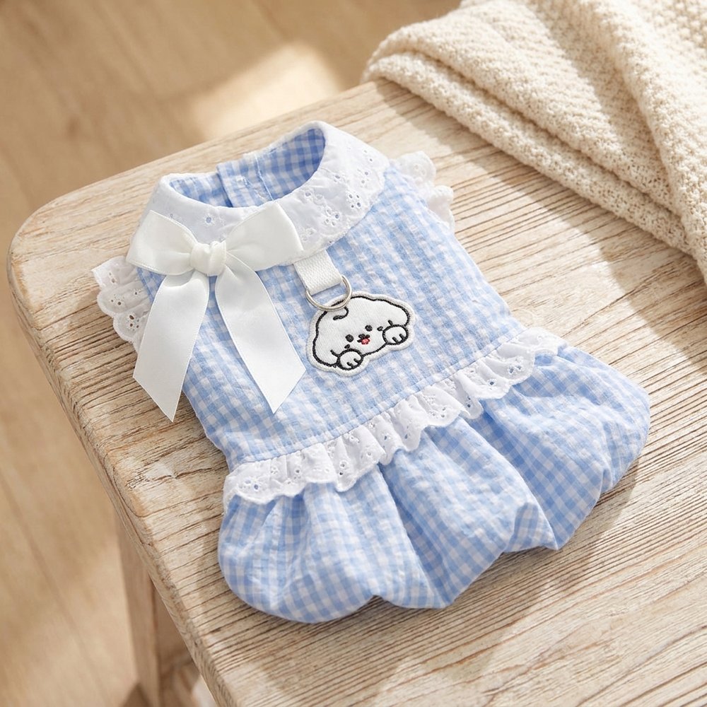 Blue Gingham Dog Dress with Built-In Harness Ring