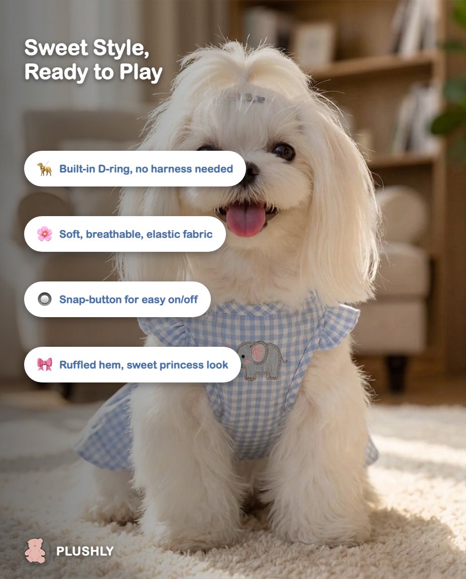 Blue Gingham Dog Dress with Built-In Harness Ring