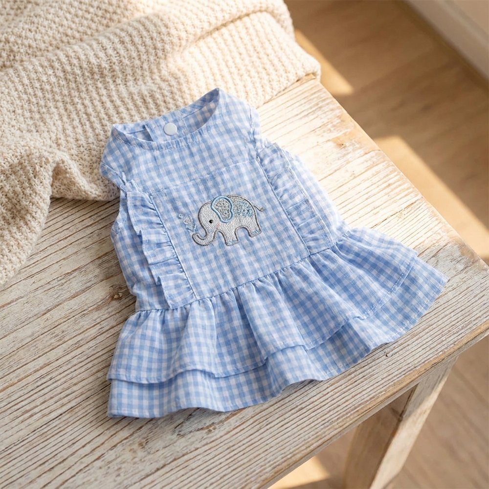 Blue Gingham Dog Dress with Built-In Harness Ring