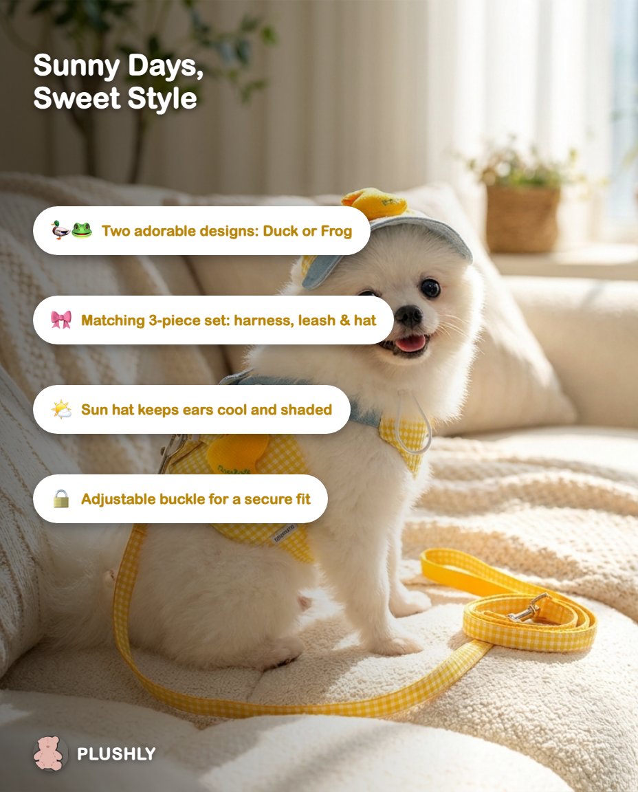 Duck & Frog Gingham Harness, Leash & Sun Hat Set