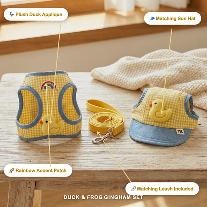 Duck & Frog Gingham Harness, Leash & Sun Hat Set