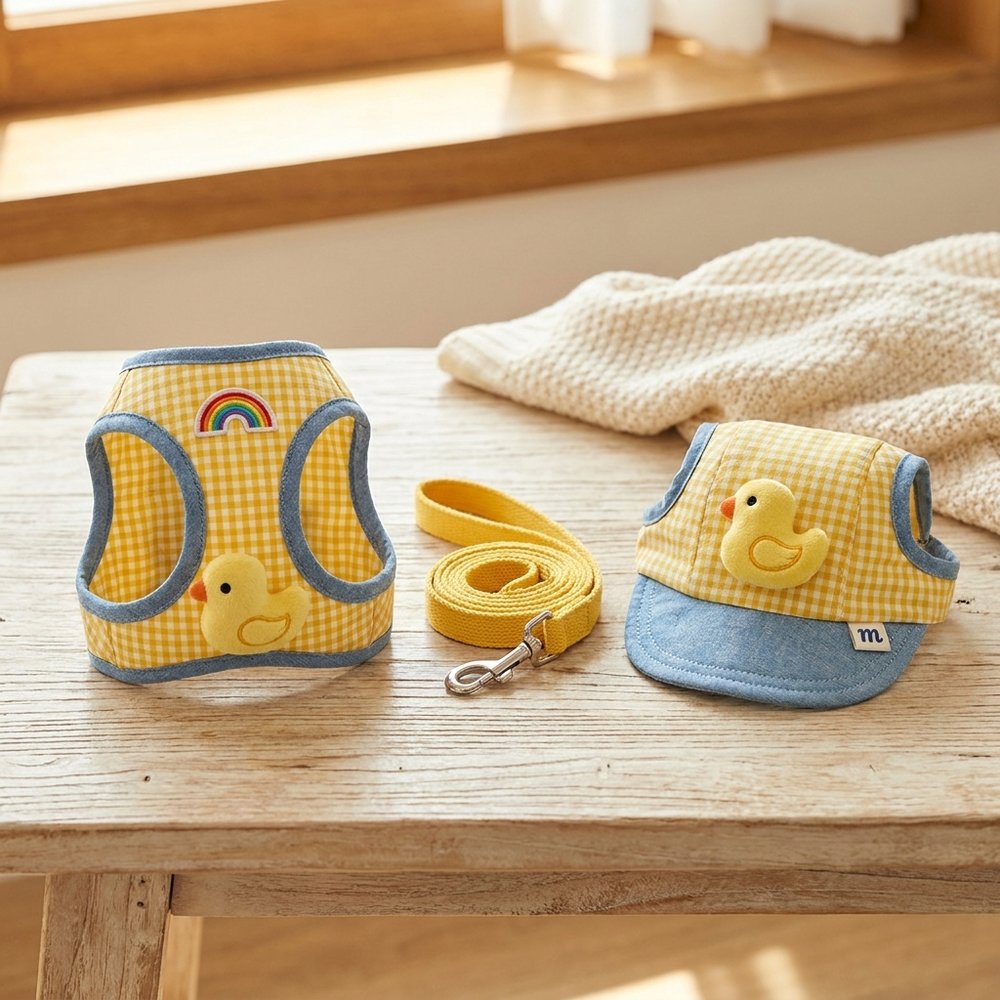 Duck & Frog Gingham Harness, Leash & Sun Hat Set