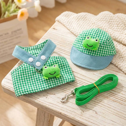 Duck & Frog Gingham Harness, Leash & Sun Hat Set