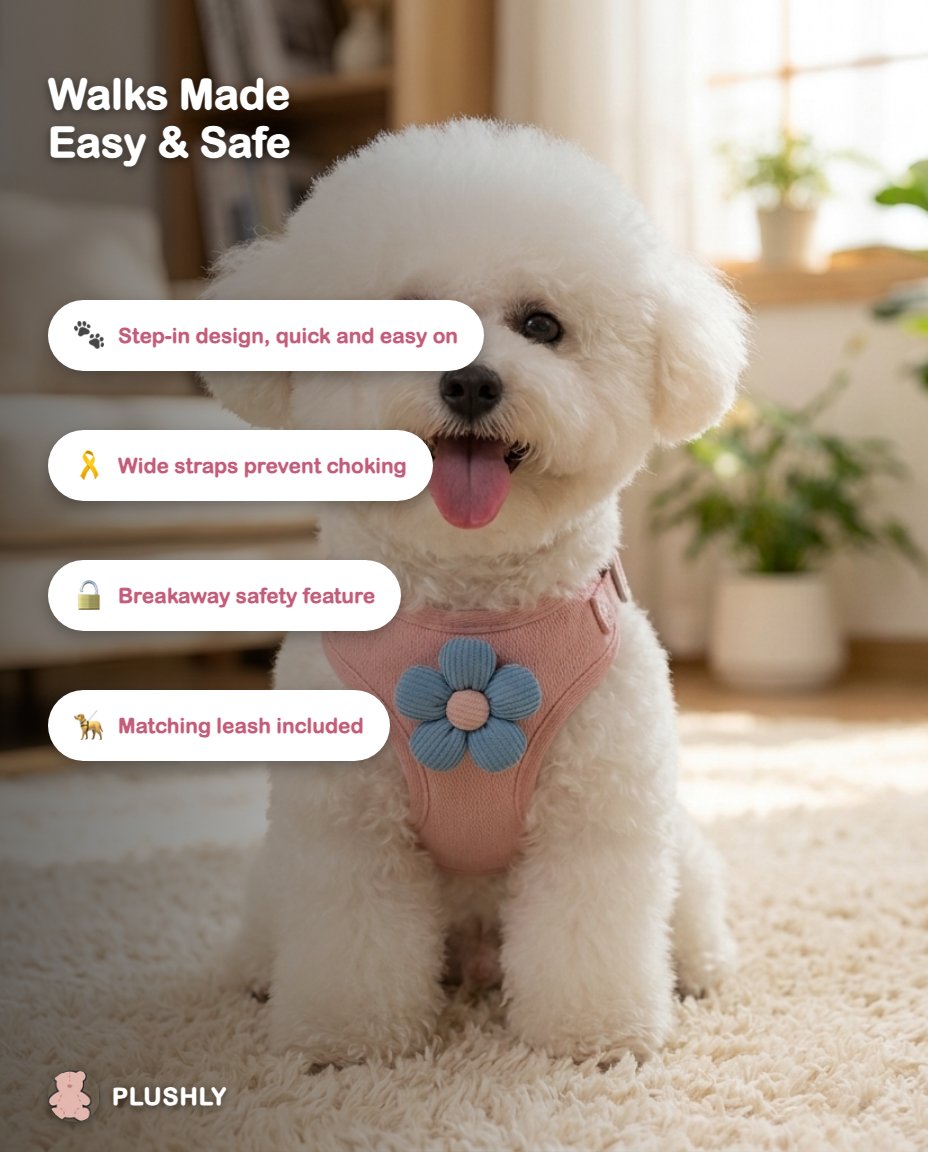 No-Pull Step-In Harness & Leash Set with Flower Accent