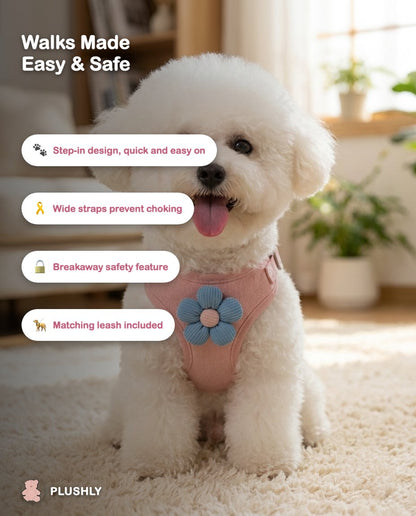 No-Pull Step-In Harness & Leash Set with Flower Accent