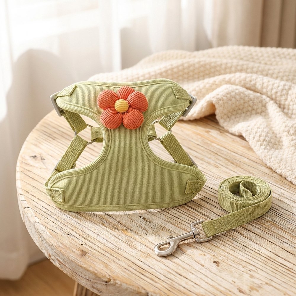 No-Pull Step-In Harness & Leash Set with Flower Accent