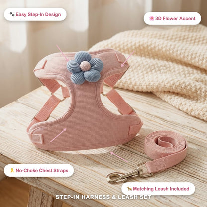 No-Pull Step-In Harness & Leash Set with Flower Accent