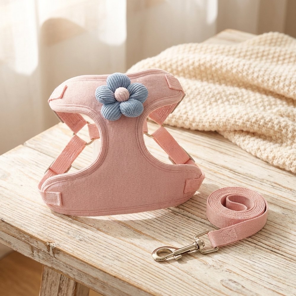 No-Pull Step-In Harness & Leash Set with Flower Accent
