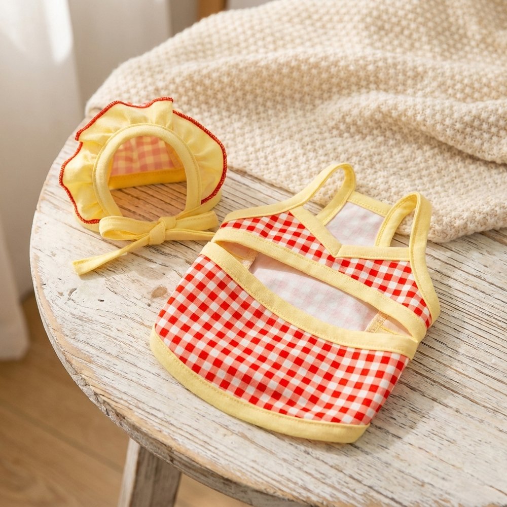 Gingham Swimsuit & Bonnet Set
