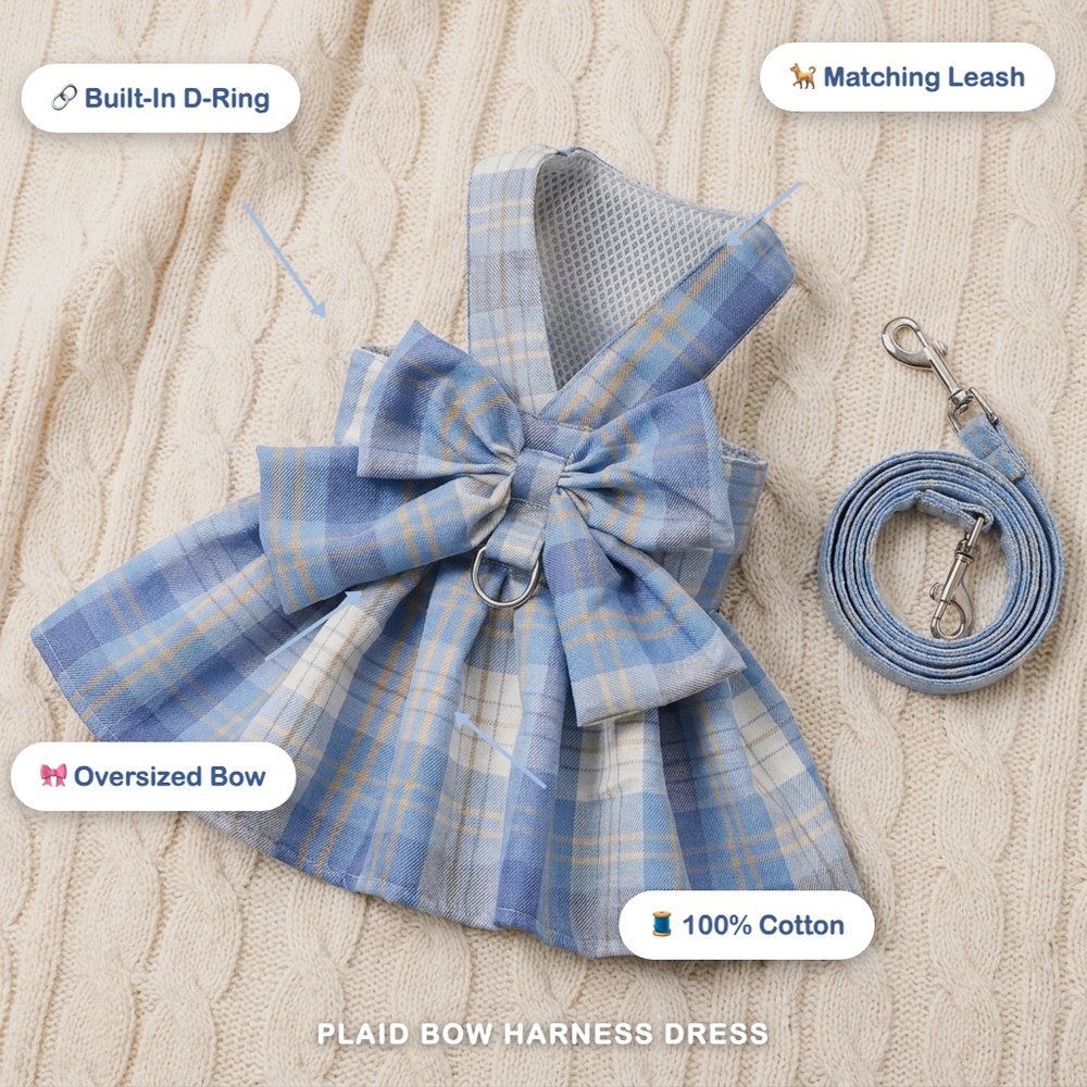 Plaid Bow Harness Dress with Leash