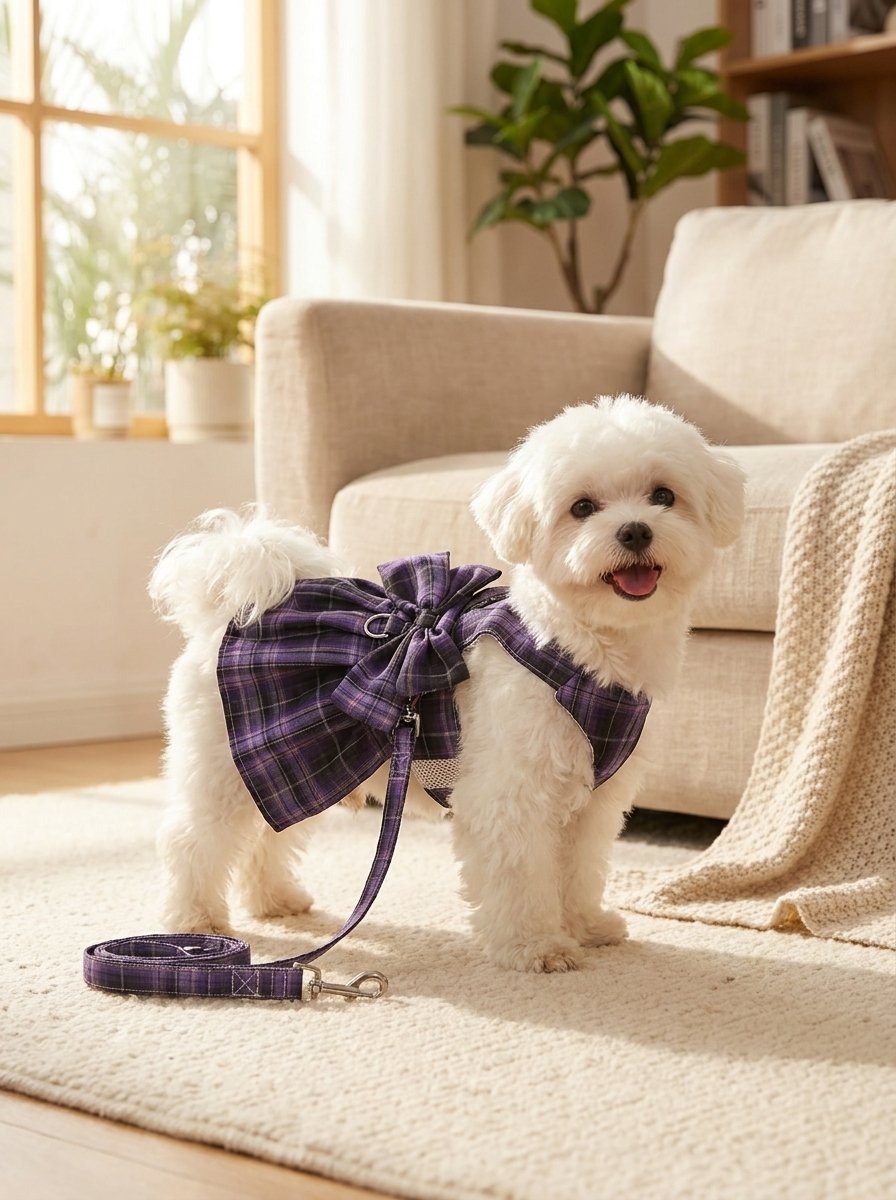 Plaid Bow Harness Dress with Leash