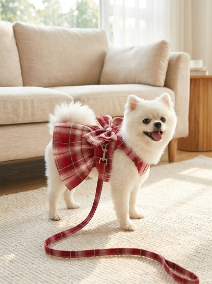Plaid Bow Harness Dress with Leash