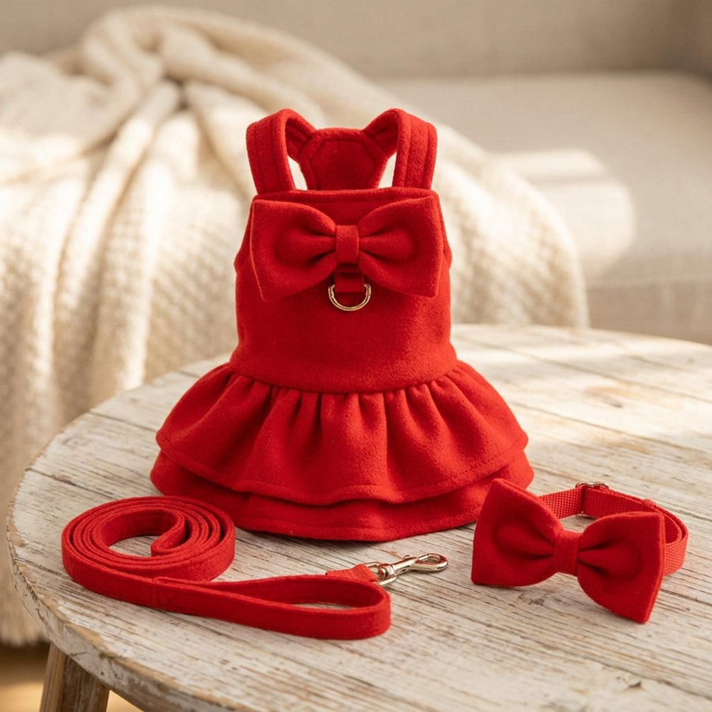 Red Bow Harness Dress & Leash Set