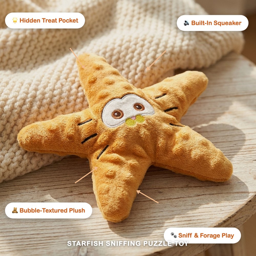 Starfish Squeaky Plush Dog Toy — Treat-Dispensing Sniffing Puzzle