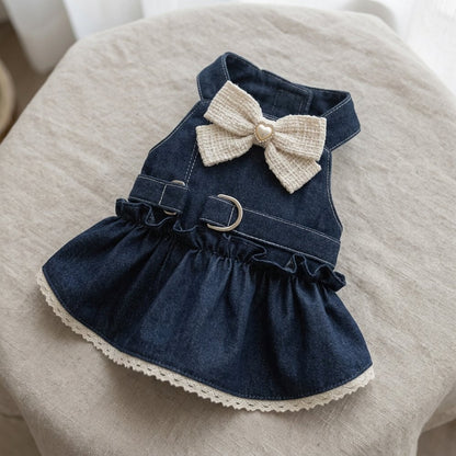 Denim Pearl Bow Dress