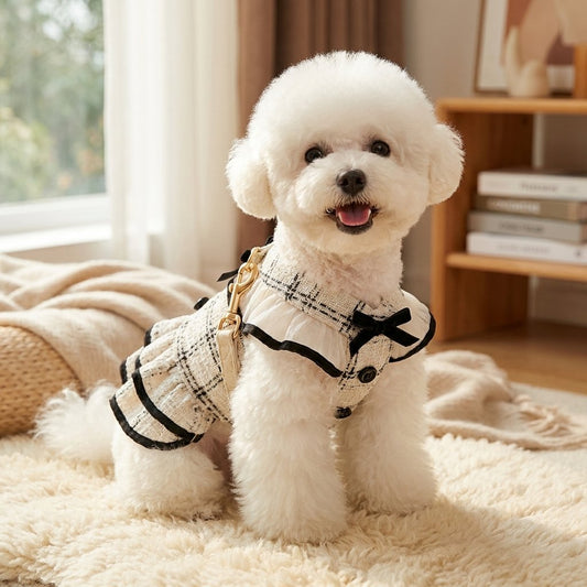 Tweed Ruffle Harness Dress with Leash & Collar Set